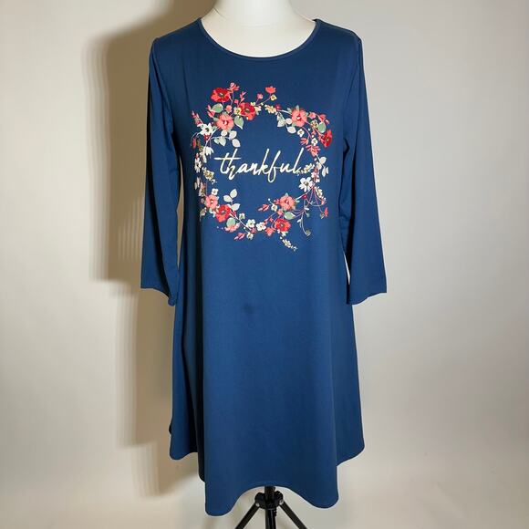 St. John's Bay Blue Thankful Thanksgiving Fall Dress Womens Size Medium M Floral - Picture 1 of 10